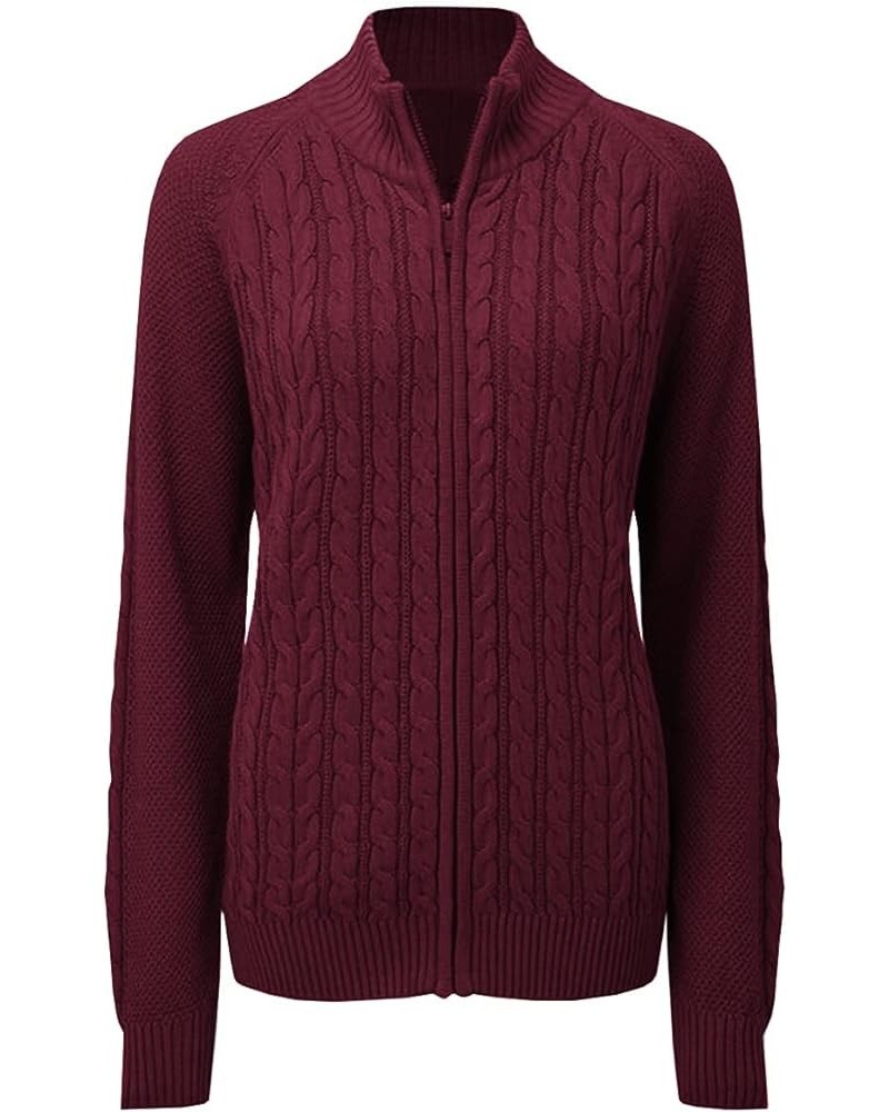 Women's Zipper Cable Knit Sweater Cardigan Long Sleeve Open Front Warm Knit Cardigan Casual Cardigan Knitwear Wine Red $26.21...