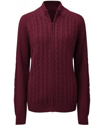 Women's Zipper Cable Knit Sweater Cardigan Long Sleeve Open Front Warm Knit Cardigan Casual Cardigan Knitwear Wine Red $26.21...