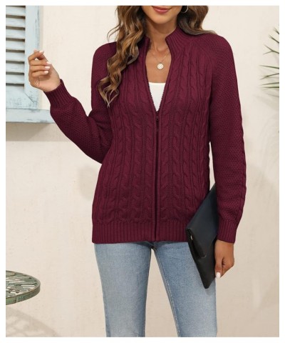 Women's Zipper Cable Knit Sweater Cardigan Long Sleeve Open Front Warm Knit Cardigan Casual Cardigan Knitwear Wine Red $26.21...