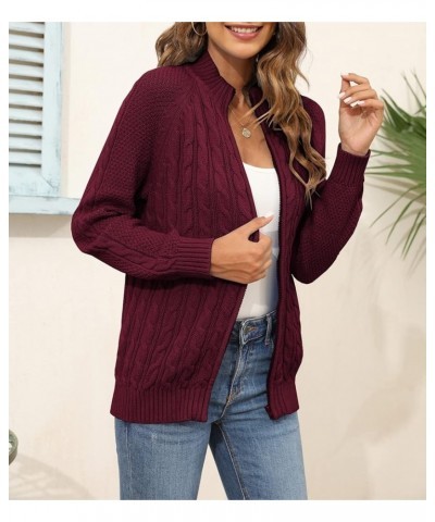 Women's Zipper Cable Knit Sweater Cardigan Long Sleeve Open Front Warm Knit Cardigan Casual Cardigan Knitwear Wine Red $26.21...