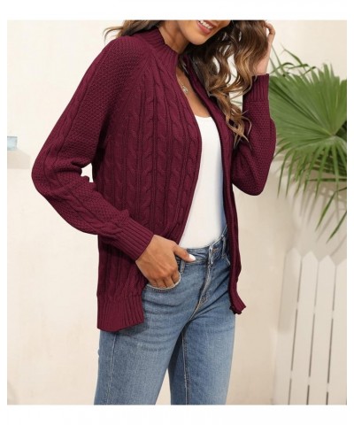 Women's Zipper Cable Knit Sweater Cardigan Long Sleeve Open Front Warm Knit Cardigan Casual Cardigan Knitwear Wine Red $26.21...