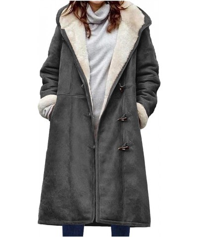 Womens Winter Midi Parkas Horn Buttons Down Sherpa Jackets Solid Thicken Hooded Anoraks Warm Trench Coats with Pockets B02_da...