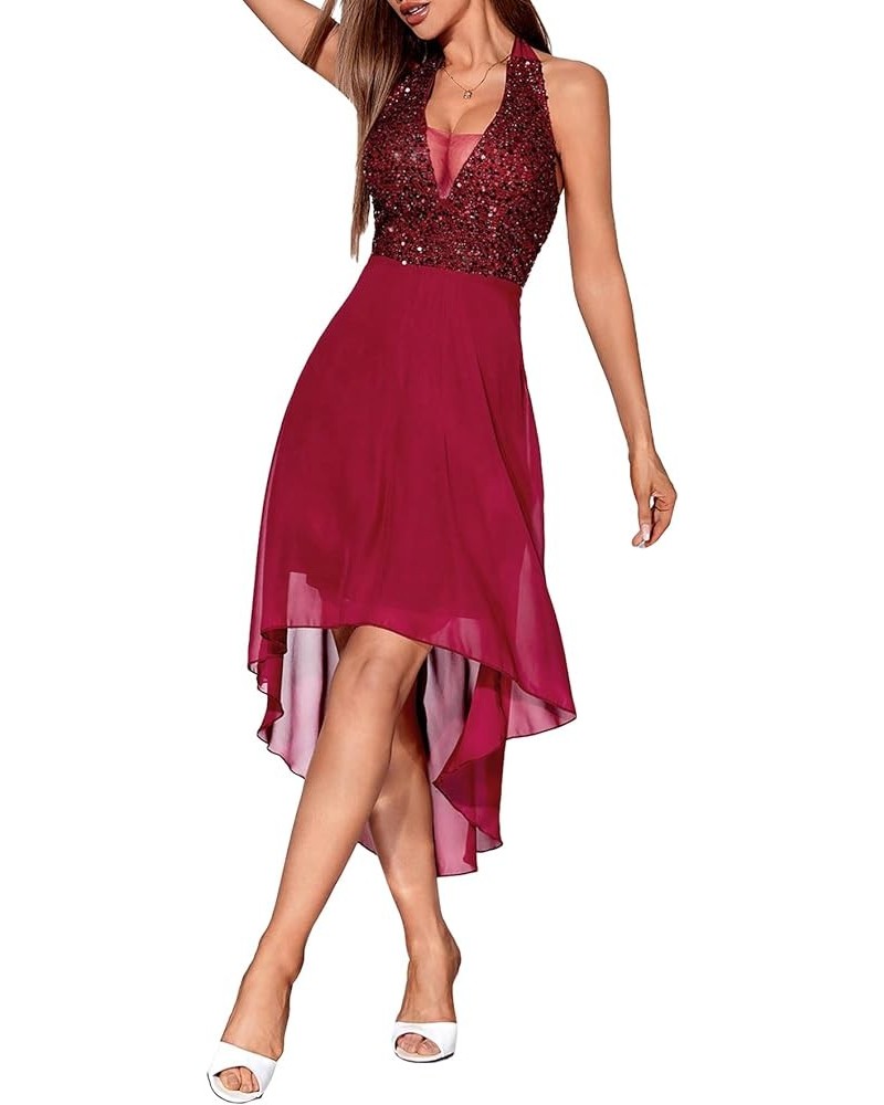 Women's Sequin Halter Neck High Low Hem Cocktail Party Midi A Line Dress Burgundy $26.99 Dresses