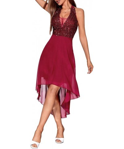 Women's Sequin Halter Neck High Low Hem Cocktail Party Midi A Line Dress Burgundy $26.99 Dresses