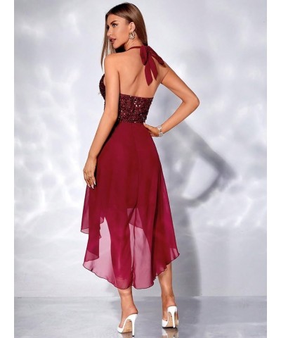 Women's Sequin Halter Neck High Low Hem Cocktail Party Midi A Line Dress Burgundy $26.99 Dresses