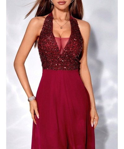 Women's Sequin Halter Neck High Low Hem Cocktail Party Midi A Line Dress Burgundy $26.99 Dresses