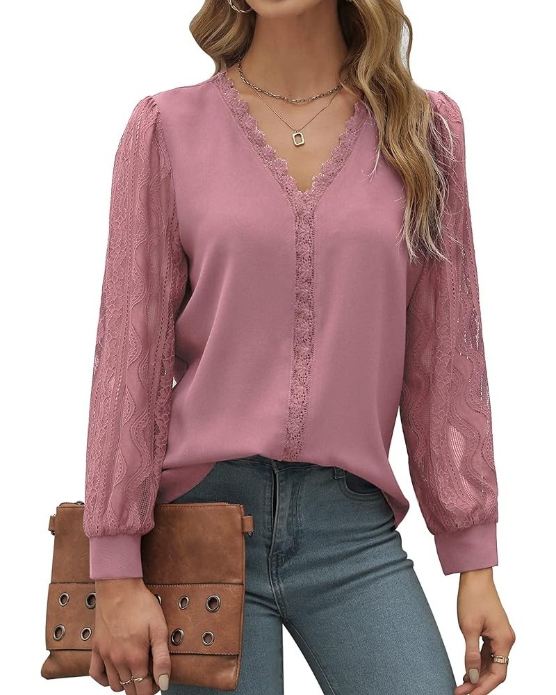 Womens Long Sleeve Tops Casual Business V Neck Shirts Sexy Lace Tops Patchwork Chiffon Work Blouses Dressy Tops Pink $17.59 B...