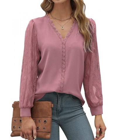 Womens Long Sleeve Tops Casual Business V Neck Shirts Sexy Lace Tops Patchwork Chiffon Work Blouses Dressy Tops Pink $17.59 B...