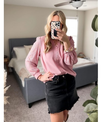 Womens Long Sleeve Tops Casual Business V Neck Shirts Sexy Lace Tops Patchwork Chiffon Work Blouses Dressy Tops Pink $17.59 B...