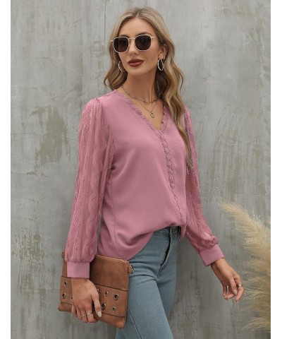 Womens Long Sleeve Tops Casual Business V Neck Shirts Sexy Lace Tops Patchwork Chiffon Work Blouses Dressy Tops Pink $17.59 B...