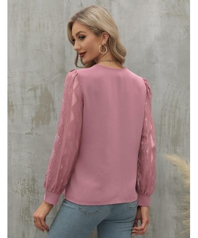 Womens Long Sleeve Tops Casual Business V Neck Shirts Sexy Lace Tops Patchwork Chiffon Work Blouses Dressy Tops Pink $17.59 B...