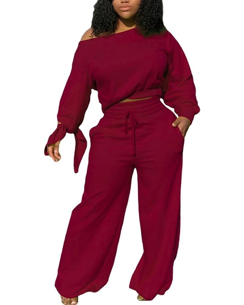 Solid 2 Piece Outfits for Women Sexy Clubwear Plus Size and Off Shoulder Long Sleeve Shirt Loose Pants Set Tracksuit 05 Dark ...