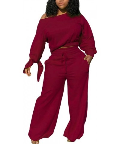 Solid 2 Piece Outfits for Women Sexy Clubwear Plus Size and Off Shoulder Long Sleeve Shirt Loose Pants Set Tracksuit 05 Dark ...