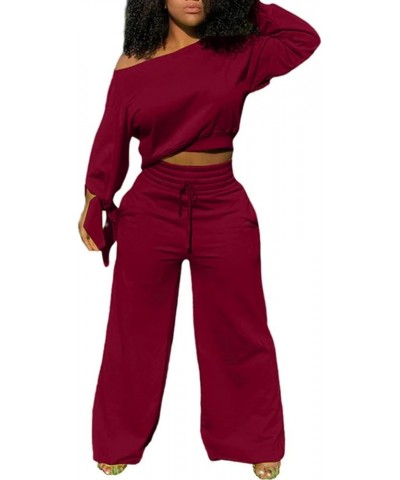 Solid 2 Piece Outfits for Women Sexy Clubwear Plus Size and Off Shoulder Long Sleeve Shirt Loose Pants Set Tracksuit 05 Dark ...