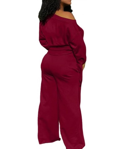 Solid 2 Piece Outfits for Women Sexy Clubwear Plus Size and Off Shoulder Long Sleeve Shirt Loose Pants Set Tracksuit 05 Dark ...