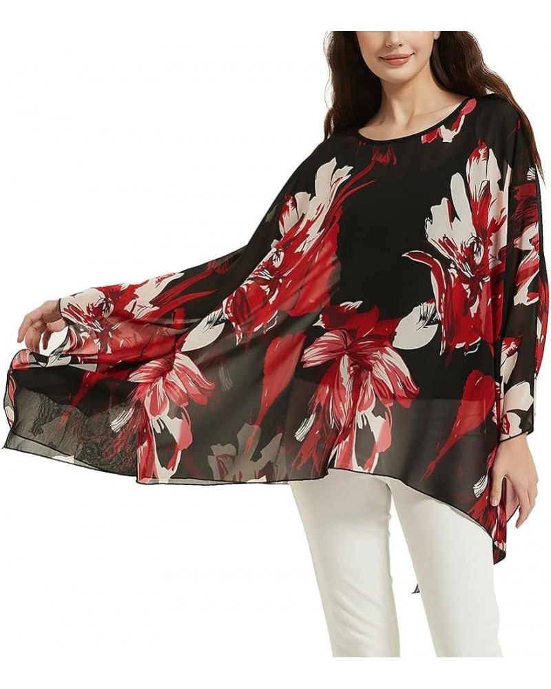 Women's Loose Solid Long Batwing Sheer Chiffon Caftan Wrap Poncho Tunic Top Topper Red White Floral $12.75 Swimsuits