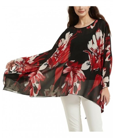 Women's Loose Solid Long Batwing Sheer Chiffon Caftan Wrap Poncho Tunic Top Topper Red White Floral $12.75 Swimsuits