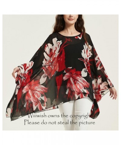 Women's Loose Solid Long Batwing Sheer Chiffon Caftan Wrap Poncho Tunic Top Topper Red White Floral $12.75 Swimsuits