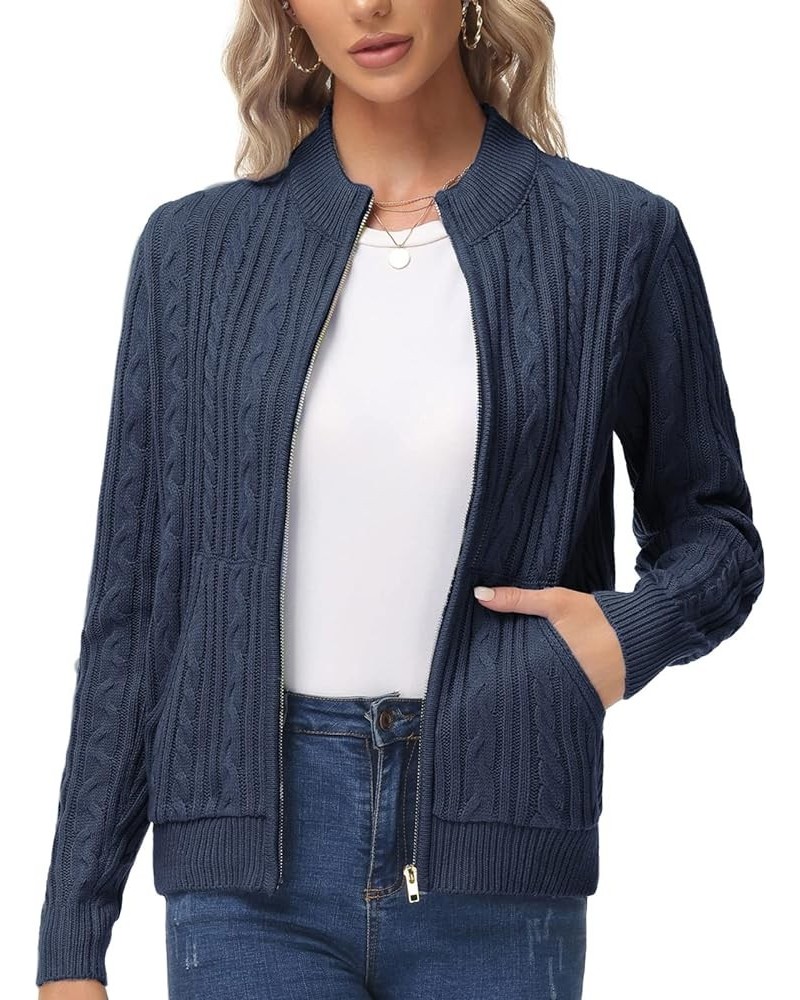 Women's Zip Up Cable Knit Sweater Long Sleeve Open Front Cardigan Warm Cardigan with Pockets Outwear Coat Navy $23.92 Sweaters