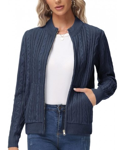 Women's Zip Up Cable Knit Sweater Long Sleeve Open Front Cardigan Warm Cardigan with Pockets Outwear Coat Navy $23.92 Sweaters