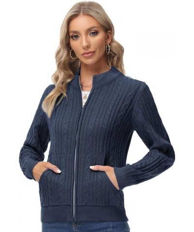 Women's Zip Up Cable Knit Sweater Long Sleeve Open Front Cardigan Warm Cardigan with Pockets Outwear Coat Navy $23.92 Sweaters