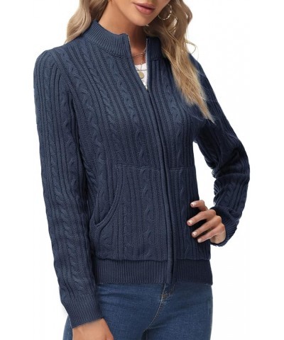 Women's Zip Up Cable Knit Sweater Long Sleeve Open Front Cardigan Warm Cardigan with Pockets Outwear Coat Navy $23.92 Sweaters