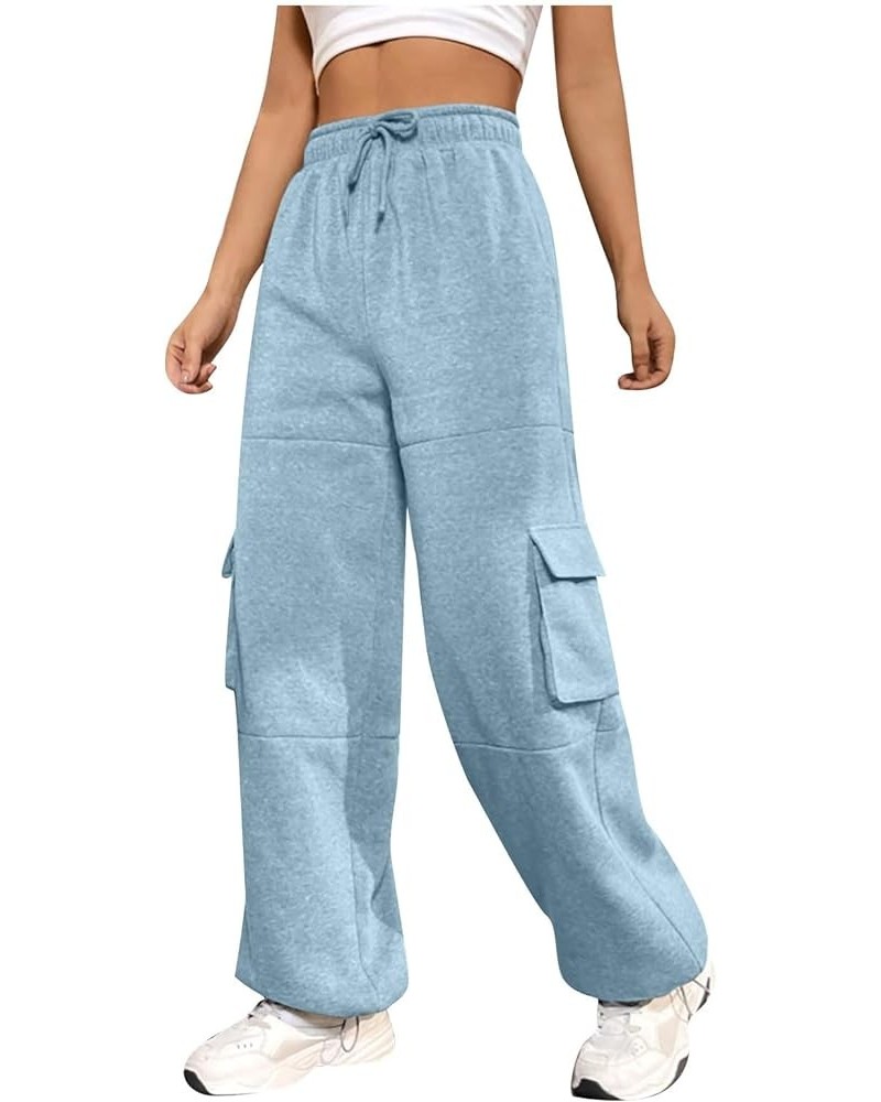 Womens Cargo Pants High Waisted Wide Leg Pants Lounge Baggy Sweatpants/Jeans with Pockets I Sky Blue $10.49 Activewear