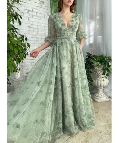 Women's 3D Butterfly Tulle Prom Dresses Long 3/4 Sleeves V Neck Corset Appliqued Formal Evening Party Gown Pink $35.10 Dresses