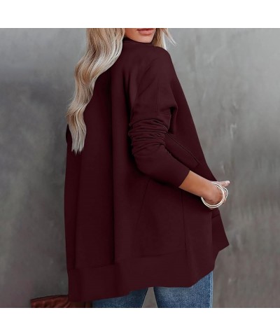 Half Zip Pullover Women Fall Solid Sweatshirts Loose Fit Long Sleeve Lapel Collar Trendy Tees Side Pockets Clothes A17-wine $...