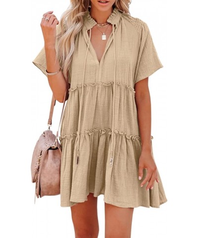 Womens Split V Neck Drawstring Neck Tie Ruffle Tiered Dress Short Sleeve Babydoll Tunic Swing Mini Dresses Sundresses Khaki $...