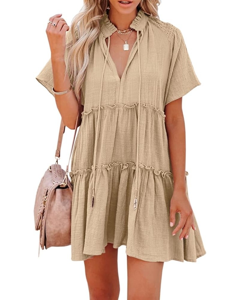 Womens Split V Neck Drawstring Neck Tie Ruffle Tiered Dress Short Sleeve Babydoll Tunic Swing Mini Dresses Sundresses Khaki $...