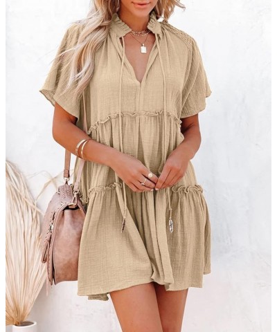 Womens Split V Neck Drawstring Neck Tie Ruffle Tiered Dress Short Sleeve Babydoll Tunic Swing Mini Dresses Sundresses Khaki $...