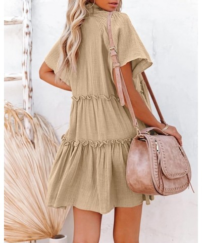 Womens Split V Neck Drawstring Neck Tie Ruffle Tiered Dress Short Sleeve Babydoll Tunic Swing Mini Dresses Sundresses Khaki $...