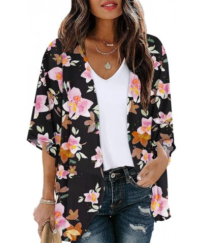 Women Floral Chiffon Kimono Cardigan Loose Cover Up Casual Blouse Top Pink Flower $10.19 Swimsuits