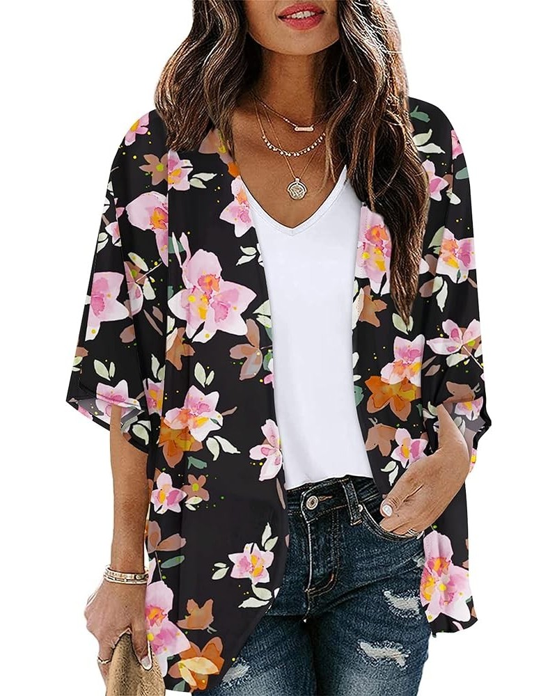 Women Floral Chiffon Kimono Cardigan Loose Cover Up Casual Blouse Top Pink Flower $10.19 Swimsuits