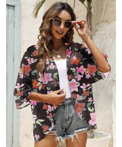 Women Floral Chiffon Kimono Cardigan Loose Cover Up Casual Blouse Top Pink Flower $10.19 Swimsuits