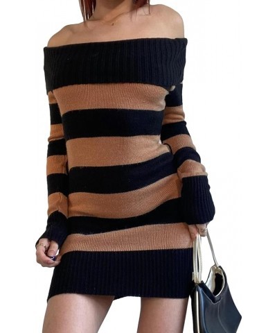 Women 's Striped Grunge Dress Knit Off Shoulder Punk Mini Dress Slim Y2K Fairy Casual Streetwear Clothes Brown $9.20 Dresses