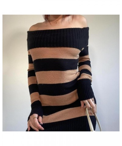 Women 's Striped Grunge Dress Knit Off Shoulder Punk Mini Dress Slim Y2K Fairy Casual Streetwear Clothes Brown $9.20 Dresses