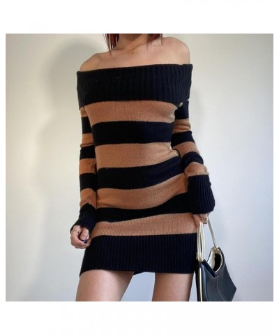 Women 's Striped Grunge Dress Knit Off Shoulder Punk Mini Dress Slim Y2K Fairy Casual Streetwear Clothes Brown $9.20 Dresses