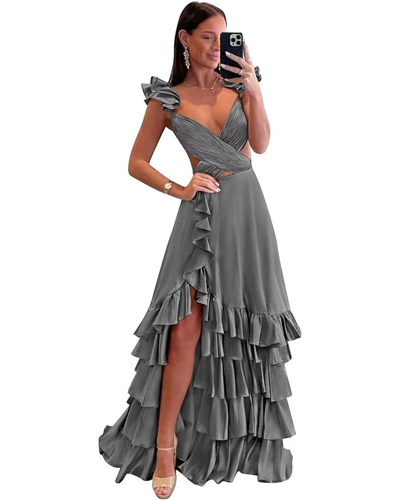 Ruffle Satin Prom Dress 2024 Long Ball Gown Ruched V Neck Formal Evening Dresses with Slit Grey $36.80 Dresses