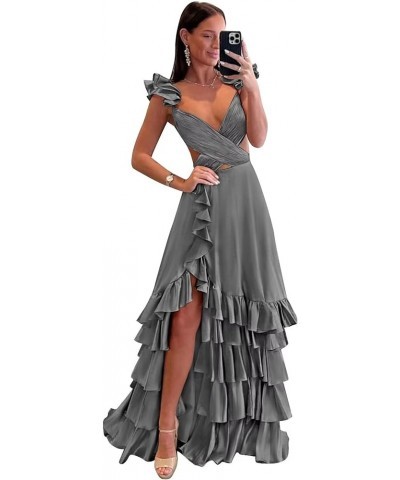 Ruffle Satin Prom Dress 2024 Long Ball Gown Ruched V Neck Formal Evening Dresses with Slit Grey $36.80 Dresses