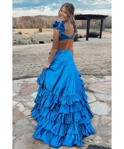 Ruffle Satin Prom Dress 2024 Long Ball Gown Ruched V Neck Formal Evening Dresses with Slit Grey $36.80 Dresses