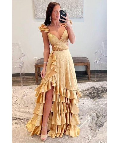 Ruffle Satin Prom Dress 2024 Long Ball Gown Ruched V Neck Formal Evening Dresses with Slit Grey $36.80 Dresses