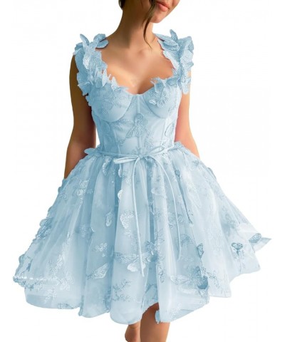 3D Butterflies Tulle Homecoming Dress Laces Applique Short Prom Dress Sweetheart Corset Prom Gowns with Belt Sky Blue $34.00 ...