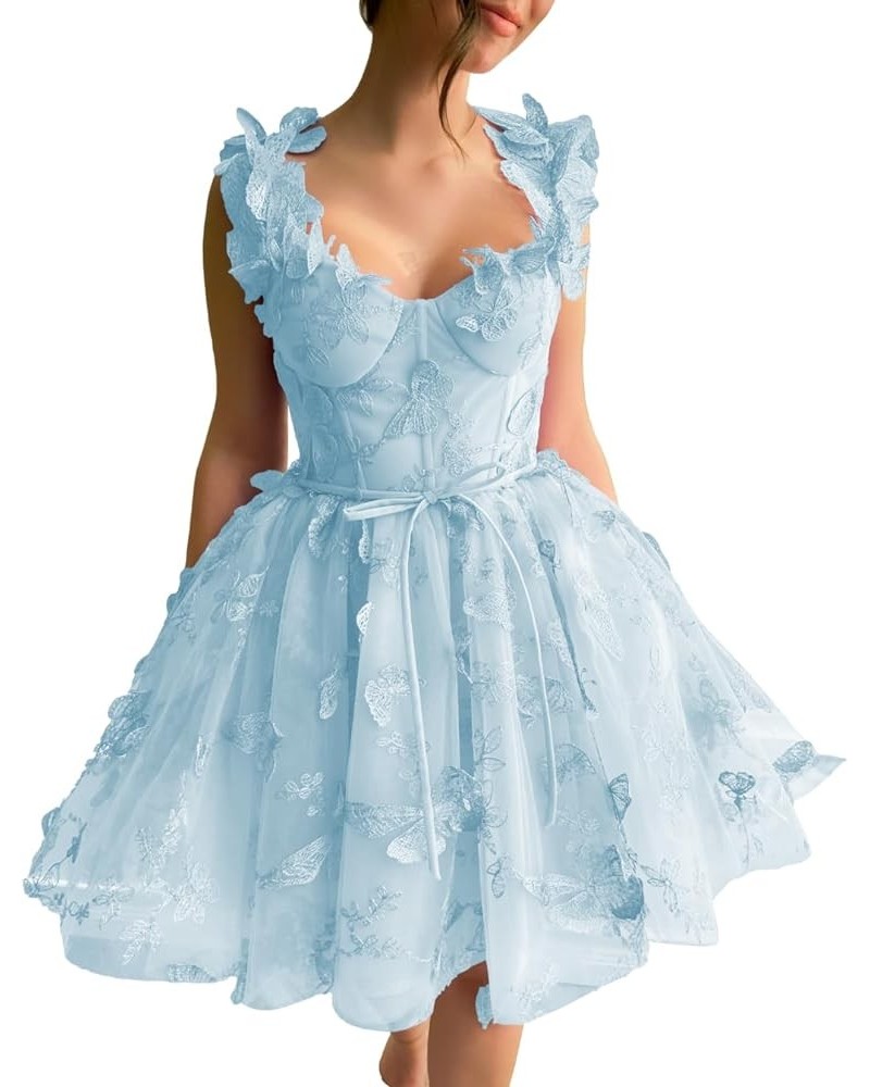 3D Butterflies Tulle Homecoming Dress Laces Applique Short Prom Dress Sweetheart Corset Prom Gowns with Belt Sky Blue $34.00 ...