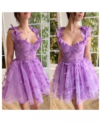 3D Butterflies Tulle Homecoming Dress Laces Applique Short Prom Dress Sweetheart Corset Prom Gowns with Belt Sky Blue $34.00 ...