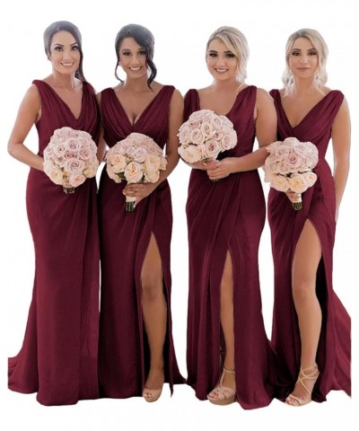 Women's Cowl Neck Bridesmaid Dresses Long for Wedding Ruched Chiffon Wrap Slit Formal Evening Party Gown Burgundy $37.50 Dresses