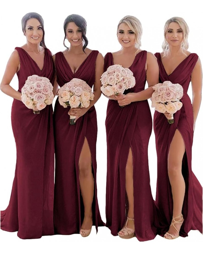 Women's Cowl Neck Bridesmaid Dresses Long for Wedding Ruched Chiffon Wrap Slit Formal Evening Party Gown Burgundy $37.50 Dresses