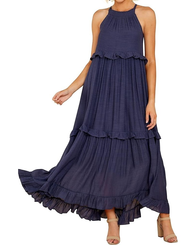 Womens Summer Dress Cotton Sleeveless Halter Layered Ruffles Casual Boho Flowy Maxi Dress Navyblue $21.72 Dresses