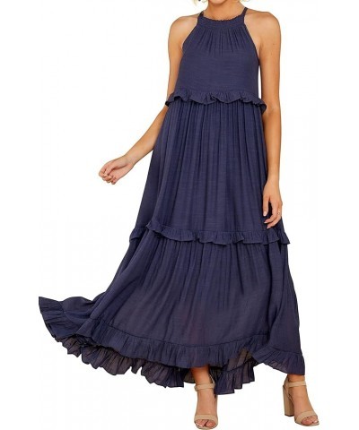 Womens Summer Dress Cotton Sleeveless Halter Layered Ruffles Casual Boho Flowy Maxi Dress Navyblue $21.72 Dresses